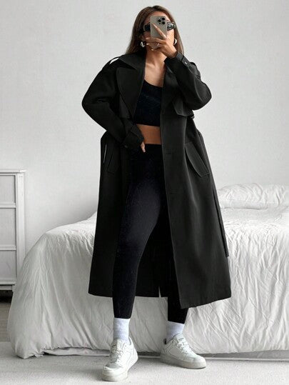 SHEIN EZwear معطف طويل من قماش منسوج بلون واحد مع حزام وأزرار أمامية للنساء في فصلي الخريف والشتاء