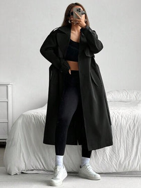 SHEIN EZwear معطف طويل من قماش منسوج بلون واحد مع حزام وأزرار أمامية للنساء في فصلي الخريف والشتاء