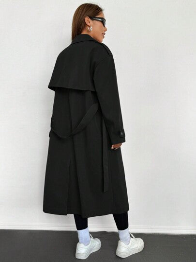 SHEIN EZwear معطف طويل من قماش منسوج بلون واحد مع حزام وأزرار أمامية للنساء في فصلي الخريف والشتاء