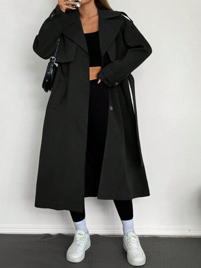 SHEIN EZwear معطف طويل من قماش منسوج بلون واحد مع حزام وأزرار أمامية للنساء في فصلي الخريف والشتاء