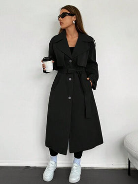 SHEIN EZwear معطف طويل من قماش منسوج بلون واحد مع حزام وأزرار أمامية للنساء في فصلي الخريف والشتاء