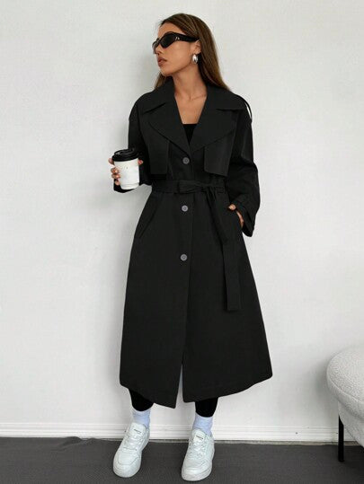 SHEIN EZwear معطف طويل من قماش منسوج بلون واحد مع حزام وأزرار أمامية للنساء في فصلي الخريف والشتاء