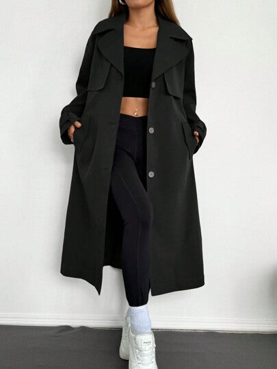 SHEIN EZwear معطف طويل من قماش منسوج بلون واحد مع حزام وأزرار أمامية للنساء في فصلي الخريف والشتاء