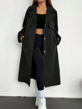 SHEIN EZwear معطف طويل من قماش منسوج بلون واحد مع حزام وأزرار أمامية للنساء في فصلي الخريف والشتاء