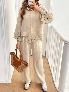 SHEIN Frenchy اثنان من البذلات النسائية الكاجوال من قميص بأكمام طويلة 100% قطن وبنطال، فضفاض، بتصميم مناسب للخريف والشتاء، طقم للنساء لونه بني