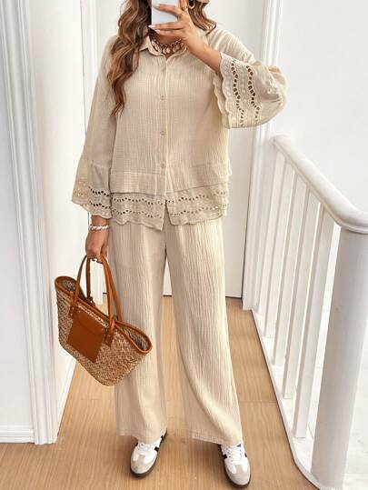SHEIN Frenchy اثنان من البذلات النسائية الكاجوال من قميص بأكمام طويلة 100% قطن وبنطال، فضفاض، بتصميم مناسب للخريف والشتاء، طقم للنساء لونه بني