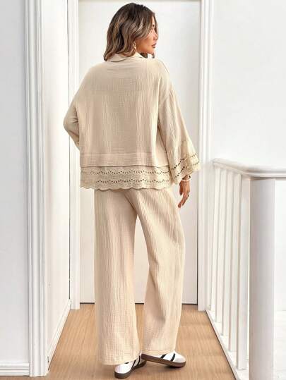 SHEIN Frenchy اثنان من البذلات النسائية الكاجوال من قميص بأكمام طويلة 100% قطن وبنطال، فضفاض، بتصميم مناسب للخريف والشتاء، طقم للنساء لونه بني