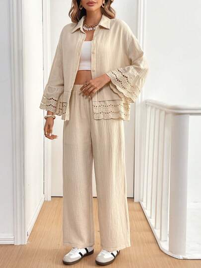 SHEIN Frenchy اثنان من البذلات النسائية الكاجوال من قميص بأكمام طويلة 100% قطن وبنطال، فضفاض، بتصميم مناسب للخريف والشتاء، طقم للنساء لونه بني