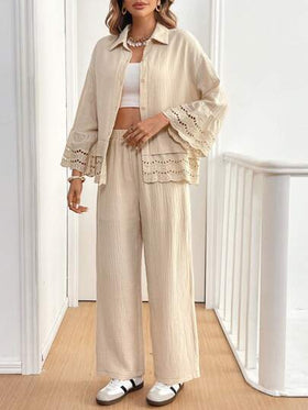 SHEIN Frenchy اثنان من البذلات النسائية الكاجوال من قميص بأكمام طويلة 100% قطن وبنطال، فضفاض، بتصميم مناسب للخريف والشتاء، طقم للنساء لونه بني