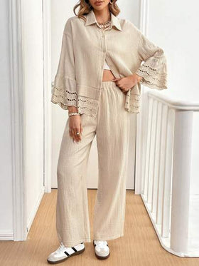 SHEIN Frenchy اثنان من البذلات النسائية الكاجوال من قميص بأكمام طويلة 100% قطن وبنطال، فضفاض، بتصميم مناسب للخريف والشتاء، طقم للنساء لونه بني