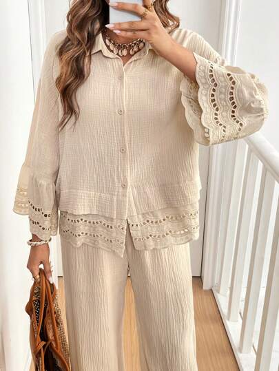 SHEIN Frenchy اثنان من البذلات النسائية الكاجوال من قميص بأكمام طويلة 100% قطن وبنطال، فضفاض، بتصميم مناسب للخريف والشتاء، طقم للنساء لونه بني