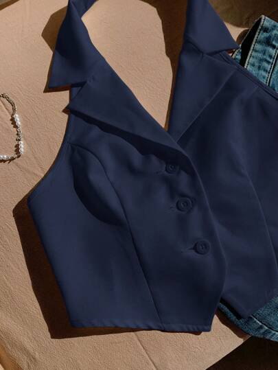EZwear سترة نسائية أزرق داكن من النسيج المنسوج، ذات طول قصير وظهر مكشوف