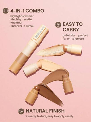 SHEGLAM قلم تحديد الوجه Multi-Glam Pen-Tan 5-Color Contour Stick غير دهني يدوم طويلاً، هايلايتر طبيعي مزدوج الاستخدام متعدد الاستخدامات، ينعم الخطوط الدقيقة، كونتور كريمي عيد الأب التخرج عيد الميلاد العطلة الربيع الصيف Y2K فاخر أزياء مكياج مستحضرات...