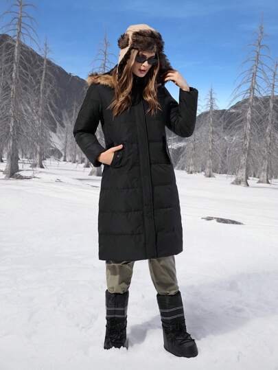 SHEIN EZwear معطف نسائي ذو قلنسوة وجيب من الزغب ملوّن بشكل رقعي، كم طويل، مصنوع من ريش وريشة، مناسب للشتاء