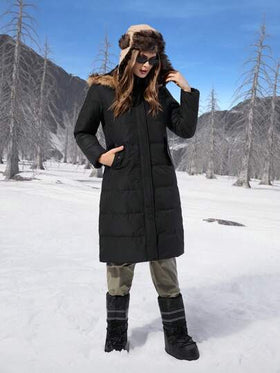 SHEIN EZwear معطف نسائي ذو قلنسوة وجيب من الزغب ملوّن بشكل رقعي، كم طويل، مصنوع من ريش وريشة، مناسب للشتاء