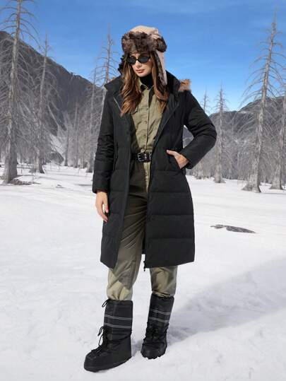 SHEIN EZwear معطف نسائي ذو قلنسوة وجيب من الزغب ملوّن بشكل رقعي، كم طويل، مصنوع من ريش وريشة، مناسب للشتاء
