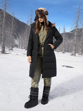 SHEIN EZwear معطف نسائي ذو قلنسوة وجيب من الزغب ملوّن بشكل رقعي، كم طويل، مصنوع من ريش وريشة، مناسب للشتاء