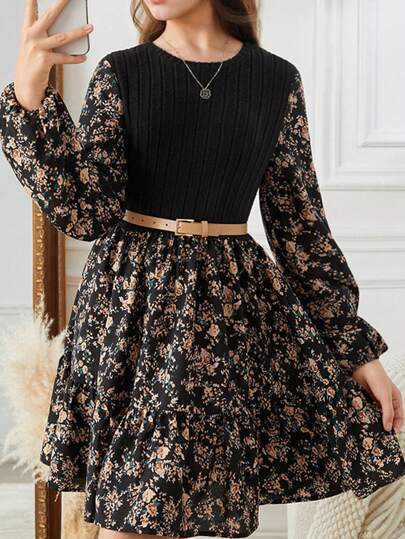 SHEIN فستان أنيق طويل الأكمام بقصة A-line للمراهقات، طراز ريفي، منقوش بنقشات زهور تقليدية في لوحات متداخلة ذات لون أسود