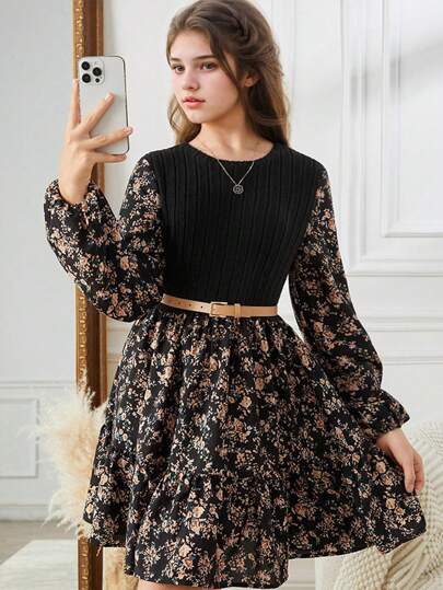SHEIN فستان أنيق طويل الأكمام بقصة A-line للمراهقات، طراز ريفي، منقوش بنقشات زهور تقليدية في لوحات متداخلة ذات لون أسود