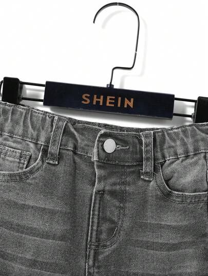 SHEIN بنطال جينز قطعة واحدة للأولاد، مريح وجذاب بتصميم غسيل داكن، مطاطي مناسب للارتداء اليومي والعودة إلى المدرسة