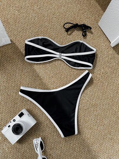 Swim Mod مجموعة بكيني مكونة من 2 قطعة للنساء، علوي بندو لاسلكي وجزء سفلي ثلاثي اللون، ملابس سباحة صيفية
