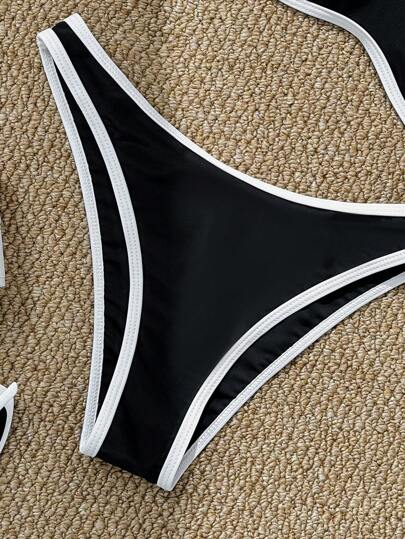 Swim Mod مجموعة بكيني مكونة من 2 قطعة للنساء، علوي بندو لاسلكي وجزء سفلي ثلاثي اللون، ملابس سباحة صيفية