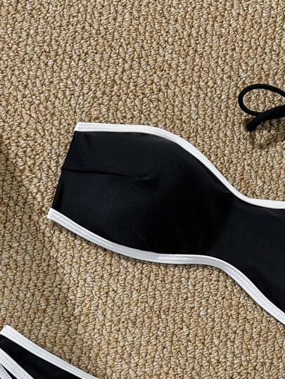 Swim Mod مجموعة بكيني مكونة من 2 قطعة للنساء، علوي بندو لاسلكي وجزء سفلي ثلاثي اللون، ملابس سباحة صيفية