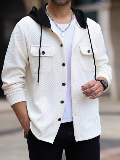 Manfinity Homme معطف كاجوال طويل الأكمام متعدد الاستخدامات مع أزرار أمامية وقبعة، معطف خفيف الوزن بتصميم ألوان متباينة للخروج، هدية مناسبة للأصدقاء والأزواج والأحباء في فصل الخريف