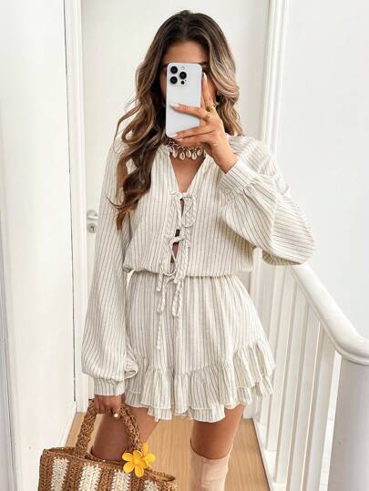 SHEIN Frenchy بدلة طويلة بياقة حريرية على شكل V للنساء مع أكمام طويلة وربطة أمامية، لموسم الخريف