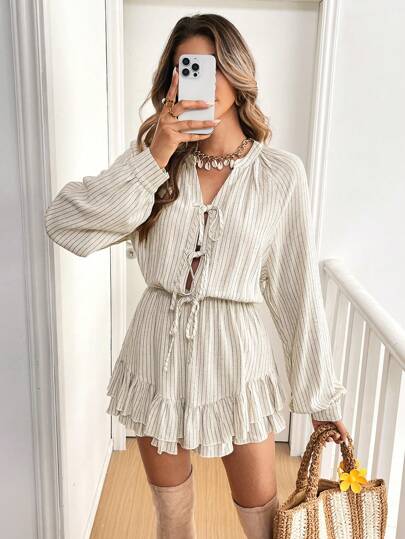 SHEIN Frenchy بدلة طويلة بياقة حريرية على شكل V للنساء مع أكمام طويلة وربطة أمامية، لموسم الخريف