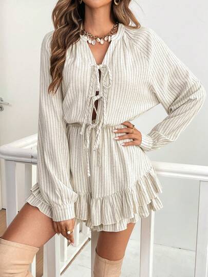 SHEIN Frenchy بدلة طويلة بياقة حريرية على شكل V للنساء مع أكمام طويلة وربطة أمامية، لموسم الخريف