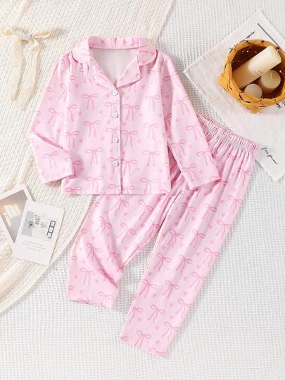 SHEIN 2 قطعة/طقم ملابس نوم للبنات الشابات بطبعة Butterfly طويلة الأكمام وبنطال، طقم بيجامات عصرية ومريحة، بيجامات حرير للبنات وبيجامات حرير للأطفال