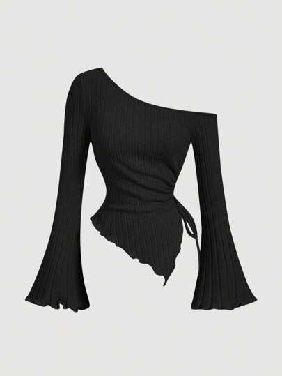 SHEIN MOD قميص نسائي بأكمام واسعة وذيل غير متماثل مع رباط للسحب، قميص كتف مكشوف، ملابس نسائية للخريف، ملابس، قميص مريح