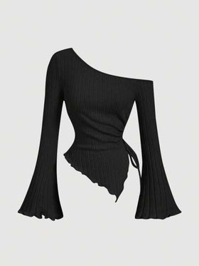 SHEIN MOD قميص نسائي بأكمام واسعة وذيل غير متماثل مع رباط للسحب، قميص كتف مكشوف، ملابس نسائية للخريف، ملابس، قميص مريح