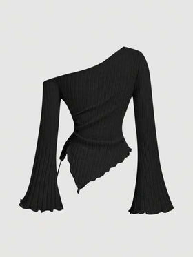 SHEIN MOD قميص نسائي بأكمام واسعة وذيل غير متماثل مع رباط للسحب، قميص كتف مكشوف، ملابس نسائية للخريف، ملابس، قميص مريح