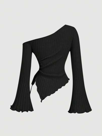 SHEIN MOD قميص نسائي بأكمام واسعة وذيل غير متماثل مع رباط للسحب، قميص كتف مكشوف، ملابس نسائية للخريف، ملابس، قميص مريح