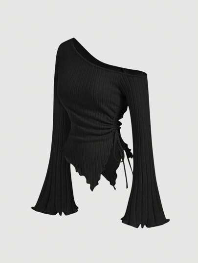 SHEIN MOD قميص نسائي بأكمام واسعة وذيل غير متماثل مع رباط للسحب، قميص كتف مكشوف، ملابس نسائية للخريف، ملابس، قميص مريح