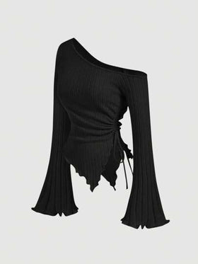 SHEIN MOD قميص نسائي بأكمام واسعة وذيل غير متماثل مع رباط للسحب، قميص كتف مكشوف، ملابس نسائية للخريف، ملابس، قميص مريح