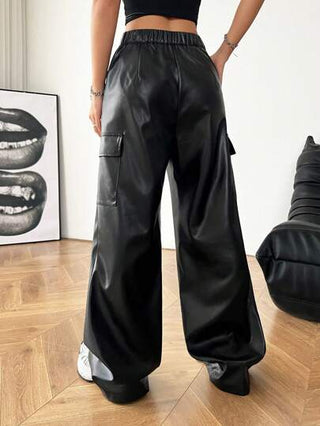 EZwear سترة تنك سترخة مع جيوب مصنوعة من جلد اصطناعي مع بناطيل ساق واسعة، طراز بسيط