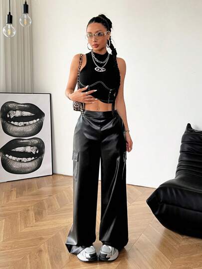 EZwear سترة تنك سترخة مع جيوب مصنوعة من جلد اصطناعي مع بناطيل ساق واسعة، طراز بسيط