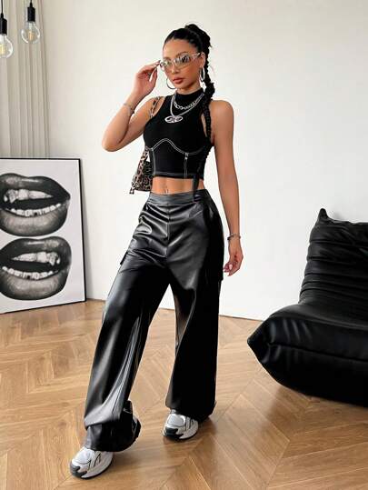 EZwear سترة تنك سترخة مع جيوب مصنوعة من جلد اصطناعي مع بناطيل ساق واسعة، طراز بسيط