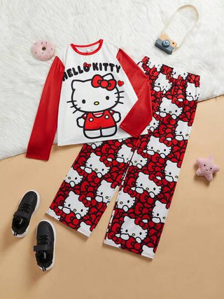 بيجاما HELLO KITTY AND FRIENDS |  مجموعة بيجاما من تي شيرت كاجوال بأكمام طويلة مطبوع برسوم كرتونية وفيها فيونكة وبنطلون طباعة كلية للبنات المراهقات، قطعتان