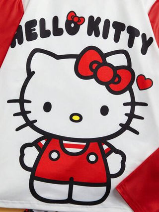 بيجاما HELLO KITTY AND FRIENDS |  مجموعة بيجاما من تي شيرت كاجوال بأكمام طويلة مطبوع برسوم كرتونية وفيها فيونكة وبنطلون طباعة كلية للبنات المراهقات، قطعتان