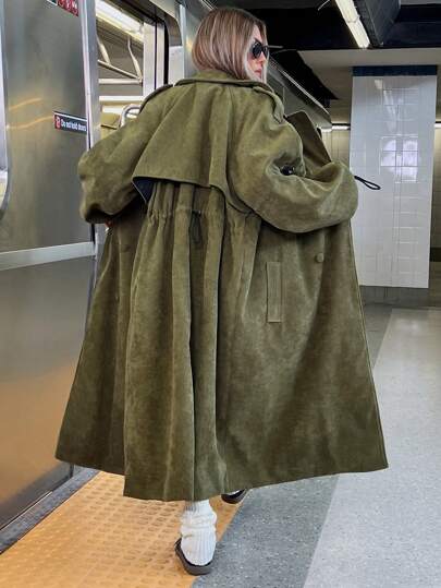 SHEIN X Angie Costa GENKIRA جاكيت غير رسمية للنساء بياقة على شكل V وخصر منسدل وأكمام فانوس، من قماش المخمل، ذات ملمس راقي، قصة طويلة وفضفاضة، لموسم الخريف