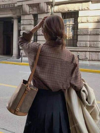 قميص نسائي مريح وكاجوال بنقشة مربعات مع أكمام منسدلة، للخريف، ملابس علوية بأكمام طويلة