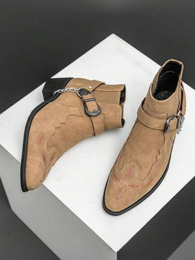 بوت تشيلسي رجالية بتصميم كلاسيكي مع تزيين بالسلسلة، بوت الكاحل إسفنج جلد أسفل للدراجات النارية