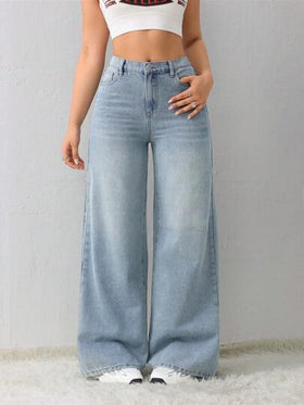 SHEIN Tall سروال جينز كاجوال فضفاض مستقيم للنساء، أزرق، بنطال للنساء الطويلات، بنطال شتوي للنساء، سيدات السيارات السريعة، ملابس خريفية للنساء
