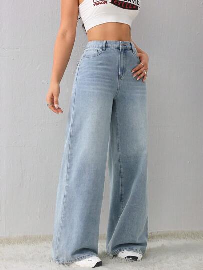 SHEIN Tall سروال جينز كاجوال فضفاض مستقيم للنساء، أزرق، بنطال للنساء الطويلات، بنطال شتوي للنساء، سيدات السيارات السريعة، ملابس خريفية للنساء