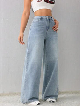 SHEIN Tall سروال جينز كاجوال فضفاض مستقيم للنساء، أزرق، بنطال للنساء الطويلات، بنطال شتوي للنساء، سيدات السيارات السريعة، ملابس خريفية للنساء