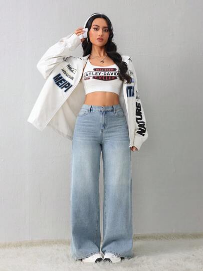 SHEIN Tall سروال جينز كاجوال فضفاض مستقيم للنساء، أزرق، بنطال للنساء الطويلات، بنطال شتوي للنساء، سيدات السيارات السريعة، ملابس خريفية للنساء